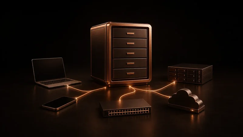 Kupferfarbenes Inventarkabinett, verbunden mit Laptop, Server, Switch, Smartphone und Cloud-Speicher