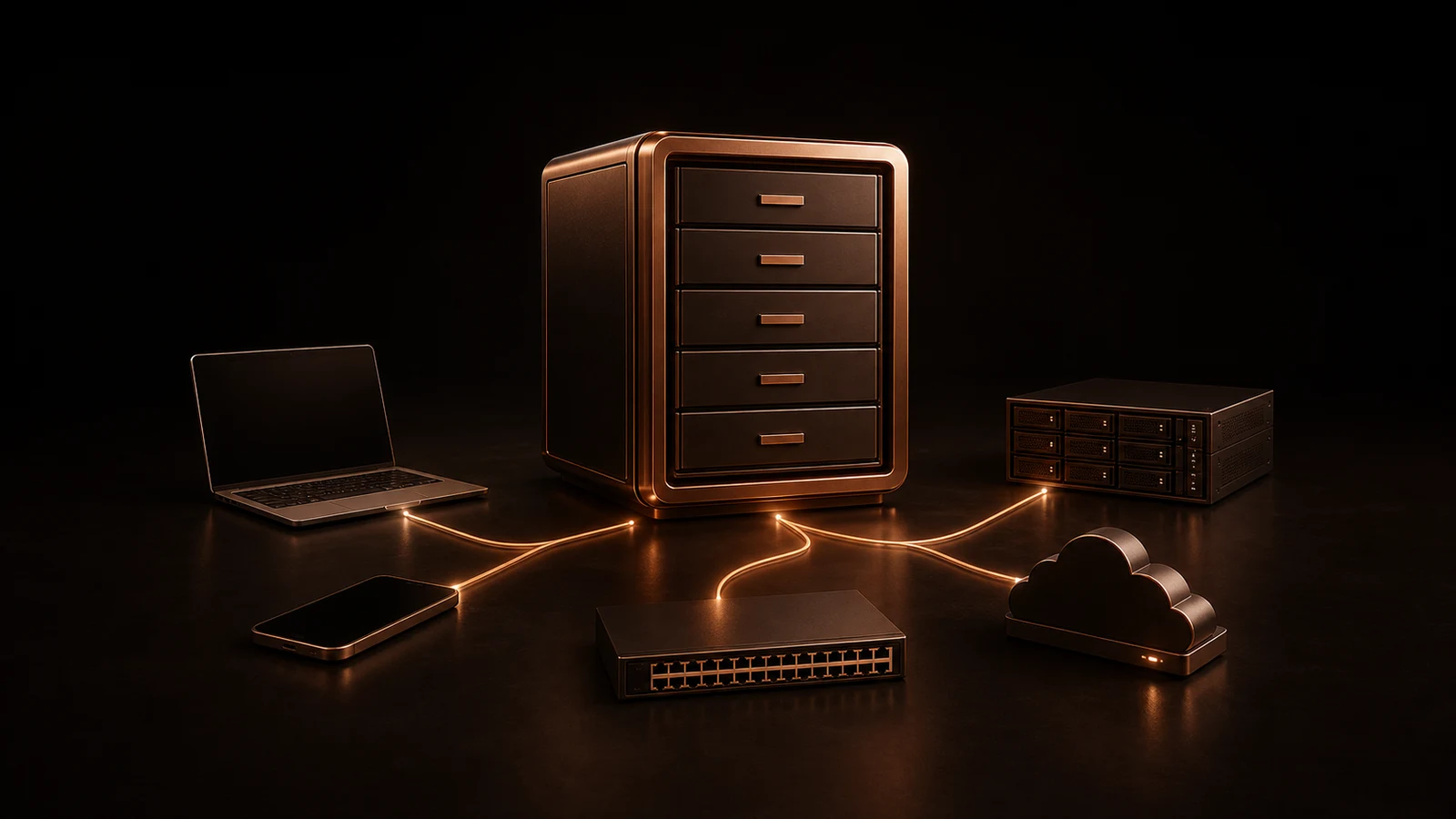 Kupferfarbenes Inventarkabinett, verbunden mit Laptop, Server, Switch, Smartphone und Cloud-Speicher