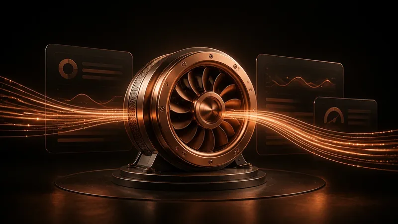 Kupferfarbene Datenbahnen durchlaufen eine zentrale Turbine vor einer mattschwarzen Webkulisse