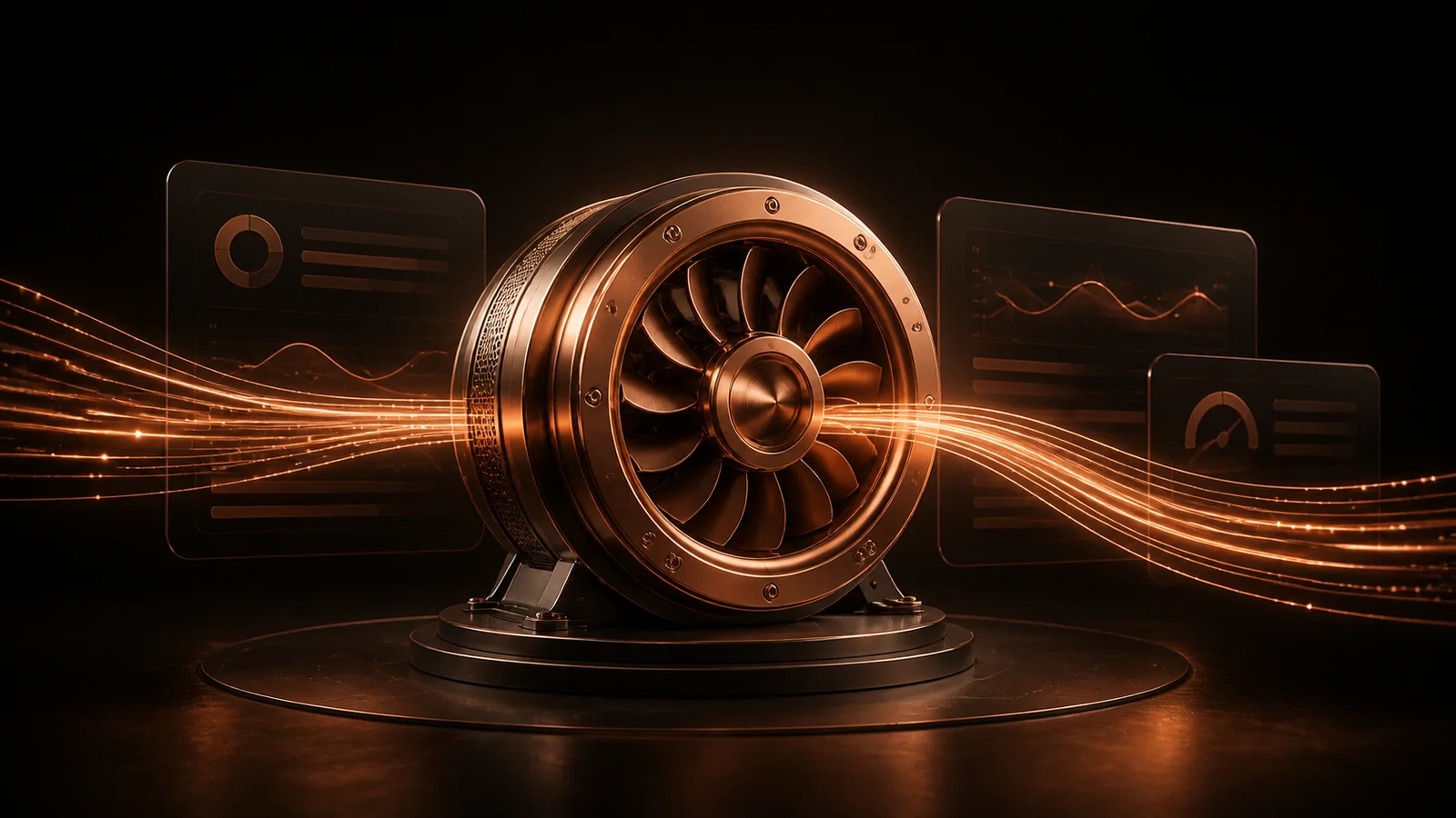 Kupferfarbene Datenbahnen durchlaufen eine zentrale Turbine vor einer mattschwarzen Webkulisse